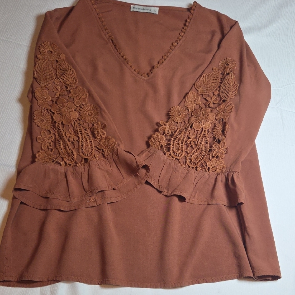 Russtydustty Boho Lace Sleeve Blouse in Brown,sz L. - Picture 2 of 4